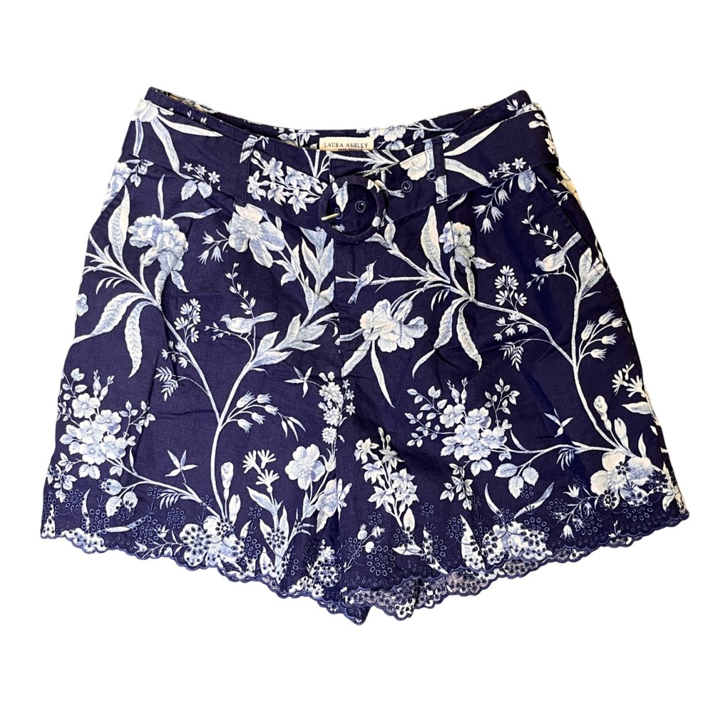 Laura Ashley Floral Bird Toile Shorts 8 Belted Eyelet Hem Cottagecore Coastal